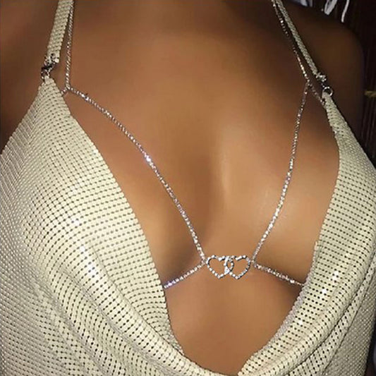 Fashion Shining Double Heart Halter Neck Chest Body Chain