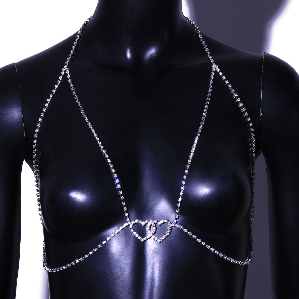 Fashion Shining Double Heart Halter Neck Chest Body Chain